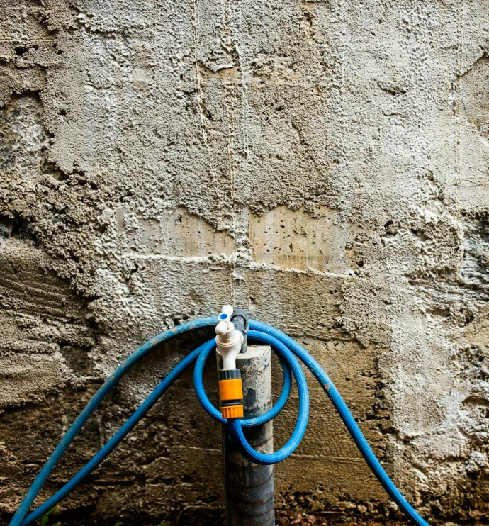 Blue hose coiled around a spigot against a textured wall.